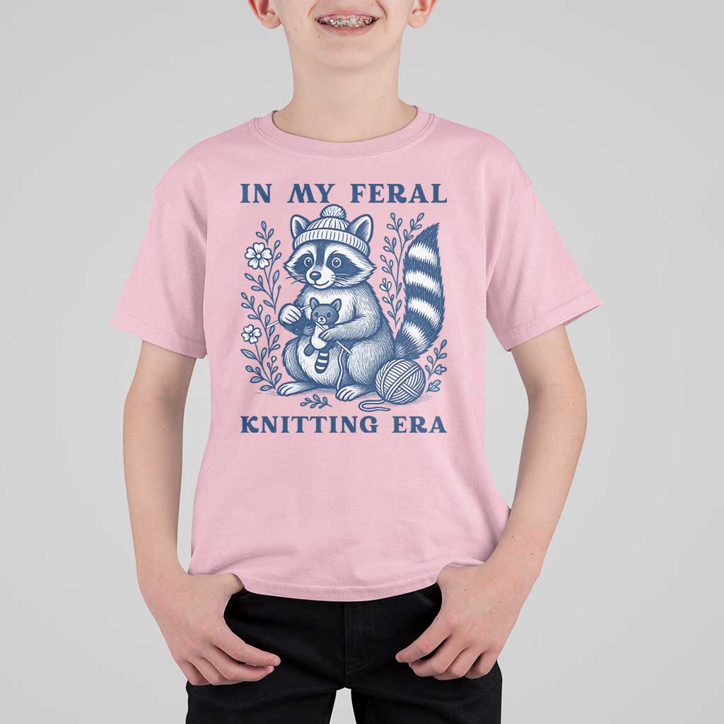 In My Feral Knitting Era T Shirt For Kid Raccoon Yarn Lover - Wonder Print Shop