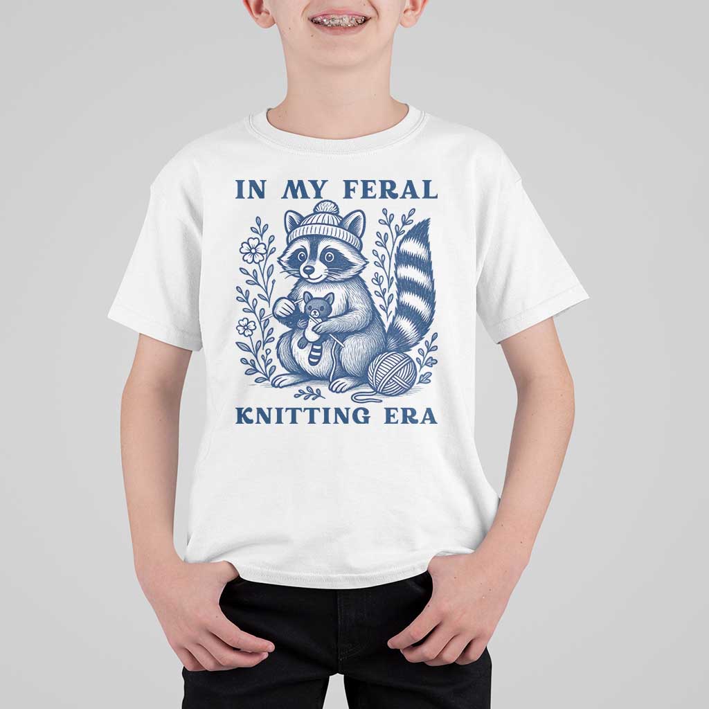 In My Feral Knitting Era T Shirt For Kid Raccoon Yarn Lover - Wonder Print Shop
