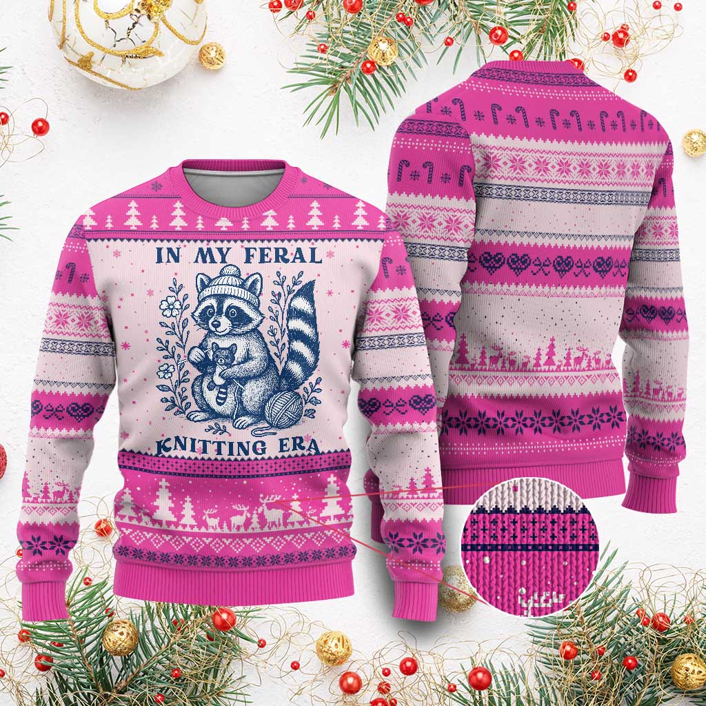In My Feral Knitting Era Ugly Christmas Sweater Raccoon Yarn Lover - Wonder Print Shop
