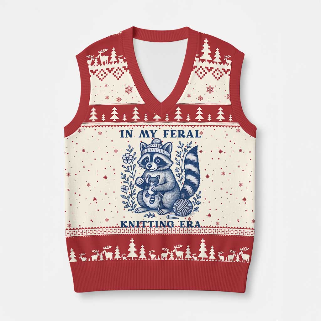 In My Feral Knitting Era V-Neck Knit Sweater Vest Raccoon Yarn Lover - Wonder Print Shop