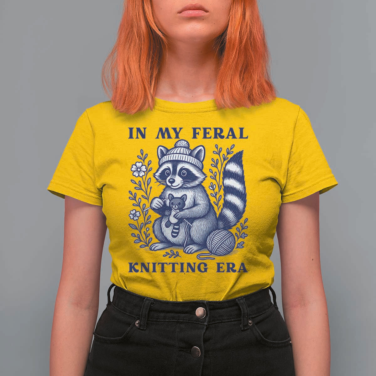 In My Feral Knitting Era T Shirt For Women Raccoon Yarn Lover - Wonder Print Shop