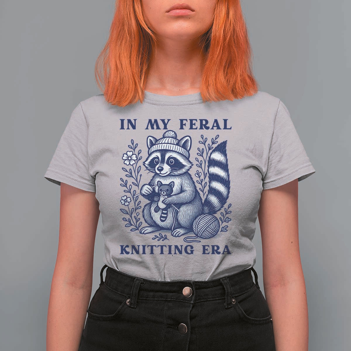 In My Feral Knitting Era T Shirt For Women Raccoon Yarn Lover - Wonder Print Shop