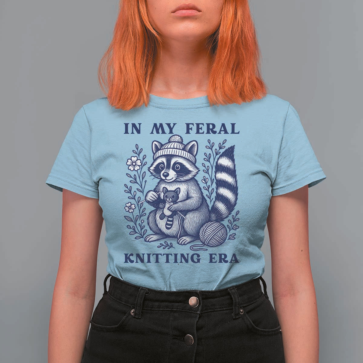 In My Feral Knitting Era T Shirt For Women Raccoon Yarn Lover - Wonder Print Shop