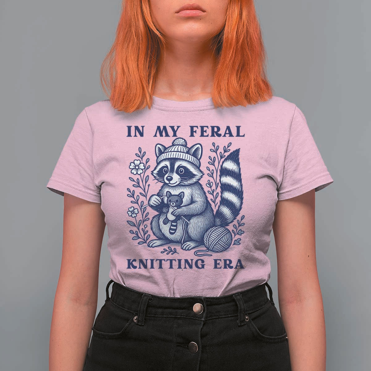 In My Feral Knitting Era T Shirt For Women Raccoon Yarn Lover - Wonder Print Shop