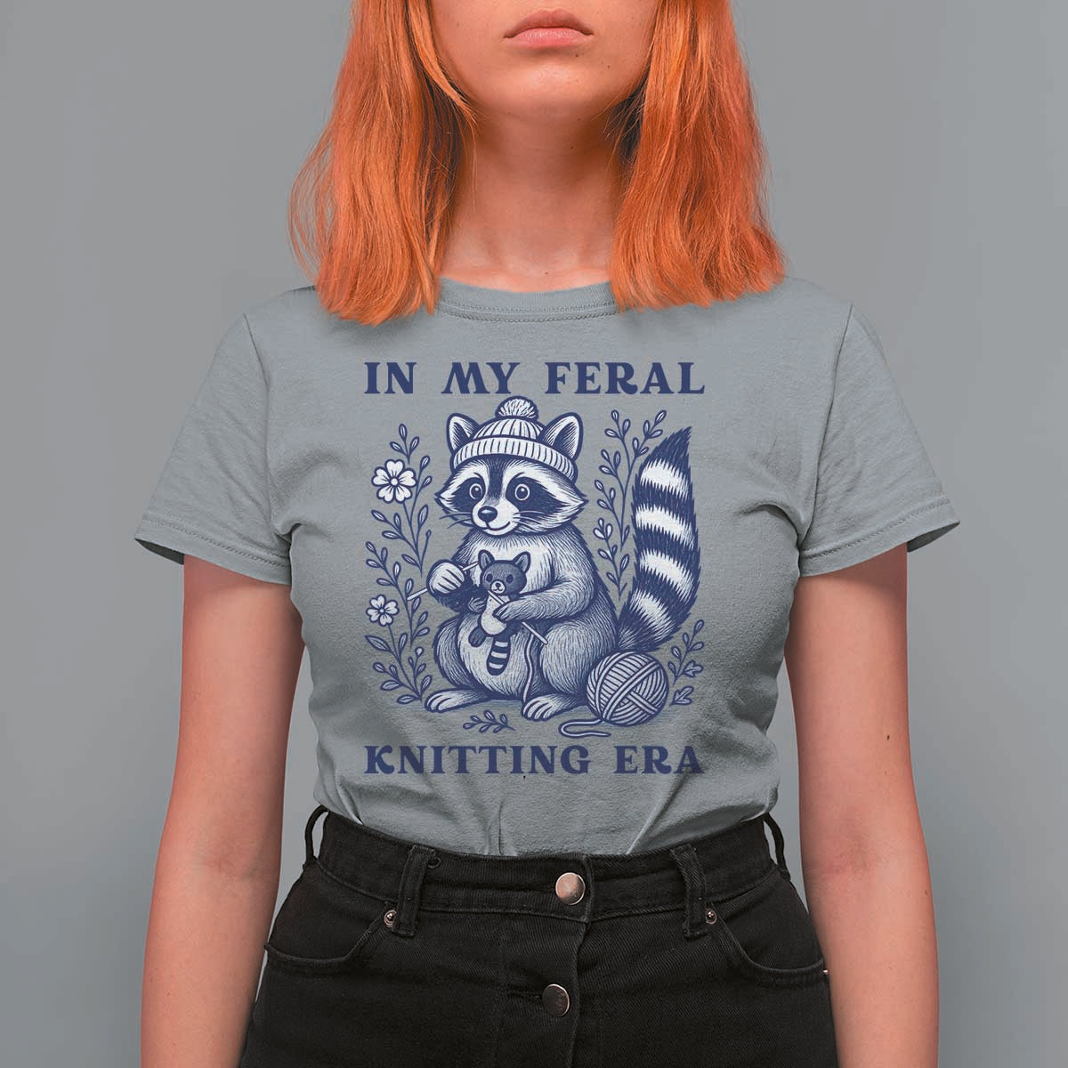 In My Feral Knitting Era T Shirt For Women Raccoon Yarn Lover - Wonder Print Shop