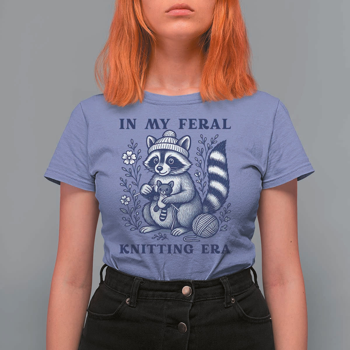 In My Feral Knitting Era T Shirt For Women Raccoon Yarn Lover - Wonder Print Shop