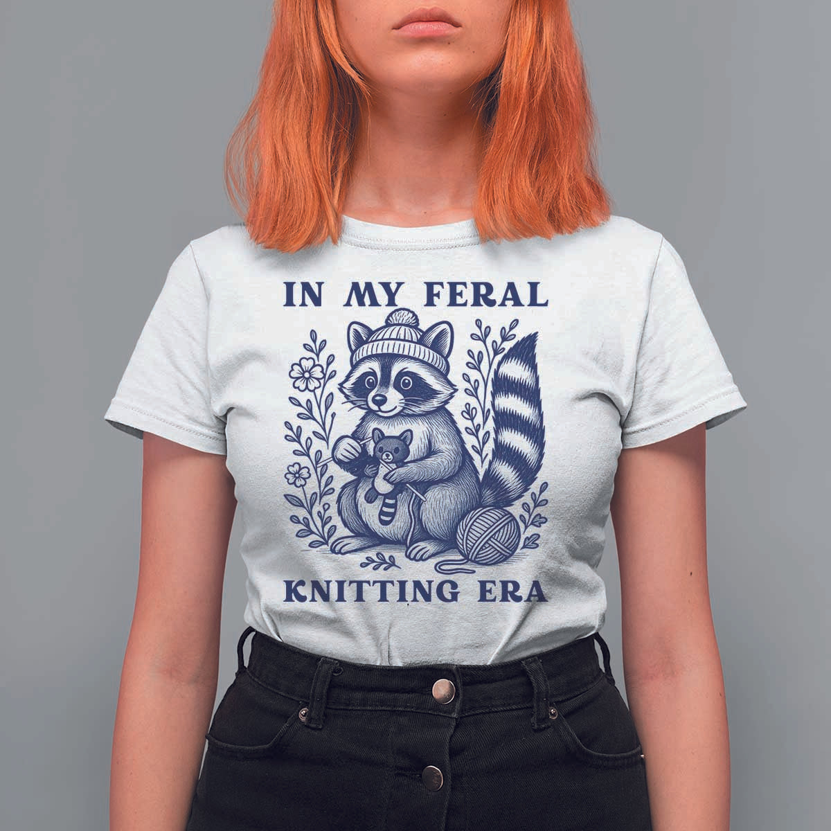 In My Feral Knitting Era T Shirt For Women Raccoon Yarn Lover - Wonder Print Shop