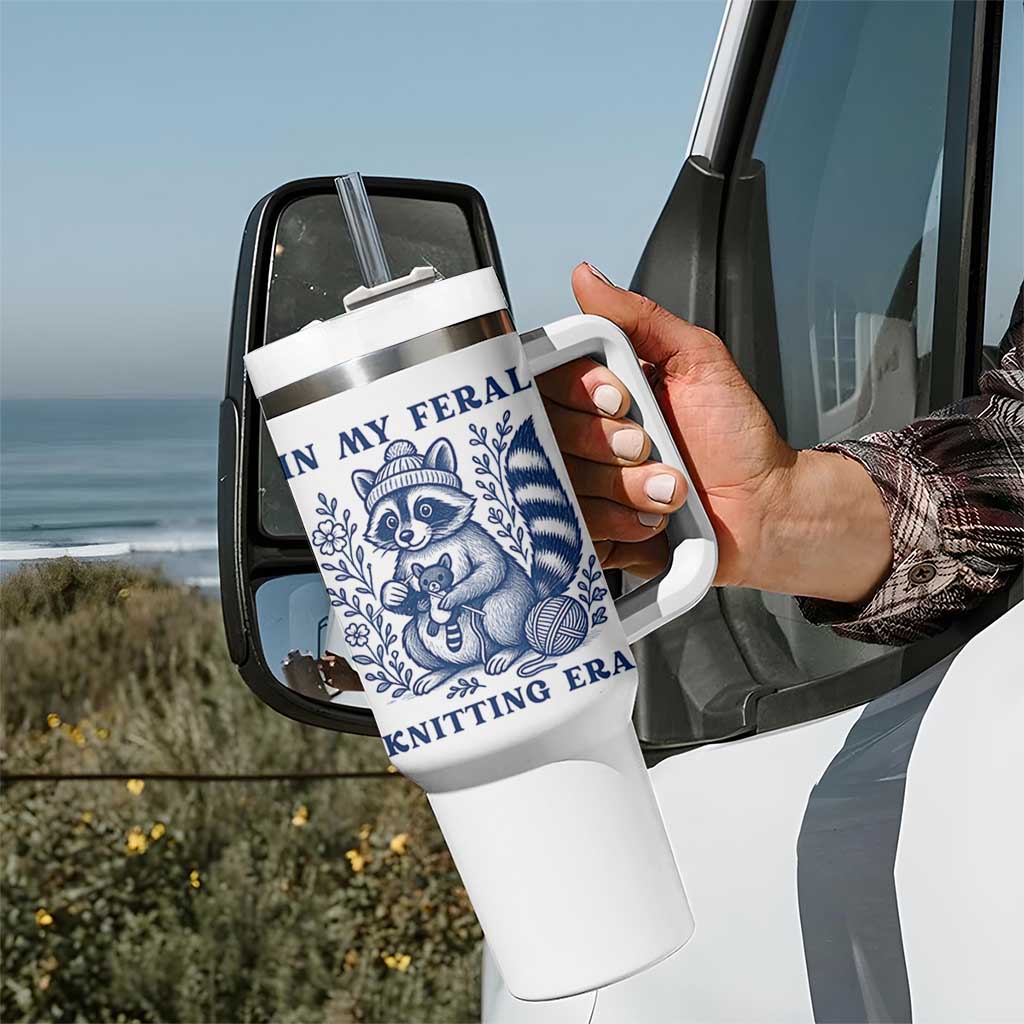 In My Feral Knitting Era Tumbler With Handle Raccoon Yarn Lover - Wonder Print Shop