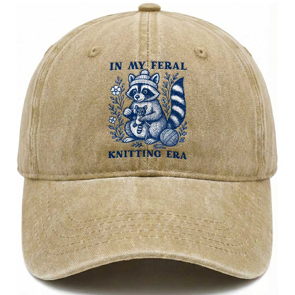In My Feral Knitting Era Washed Cotton Baseball Cap Raccoon Yarn Lover