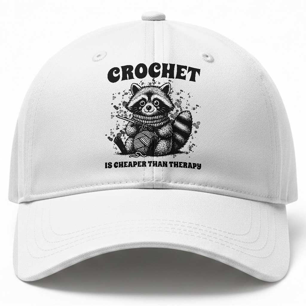 Crocheting Is Cheaper Than Therapy Baseball Cap Raccoon Yarn Lover