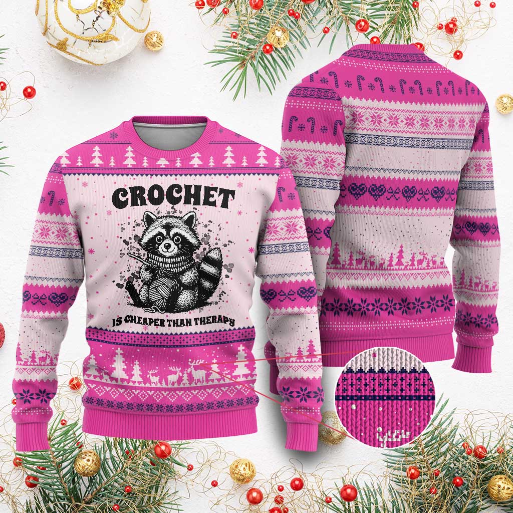 Crocheting Is Cheaper Than Therapy Ugly Christmas Sweater Raccoon Yarn Lover - Wonder Print Shop