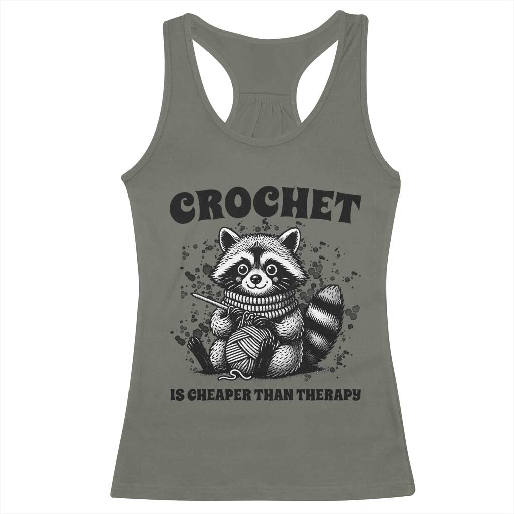 Crocheting Is Cheaper Than Therapy Racerback Tank Top Raccoon Yarn Lover - Wonder Print Shop