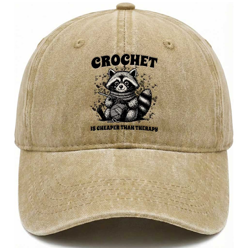 Crocheting Is Cheaper Than Therapy Washed Cotton Baseball Cap Raccoon Yarn Lover