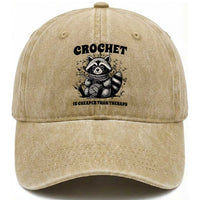 Crocheting Is Cheaper Than Therapy Washed Cotton Baseball Cap Raccoon Yarn Lover
