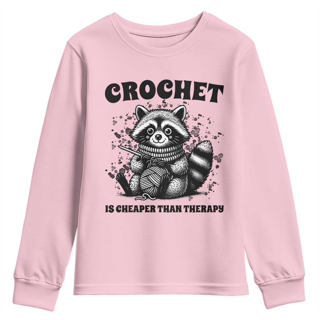 Crocheting Is Cheaper Than Therapy Youth Sweatshirt Raccoon Yarn Lover - Wonder Print Shop