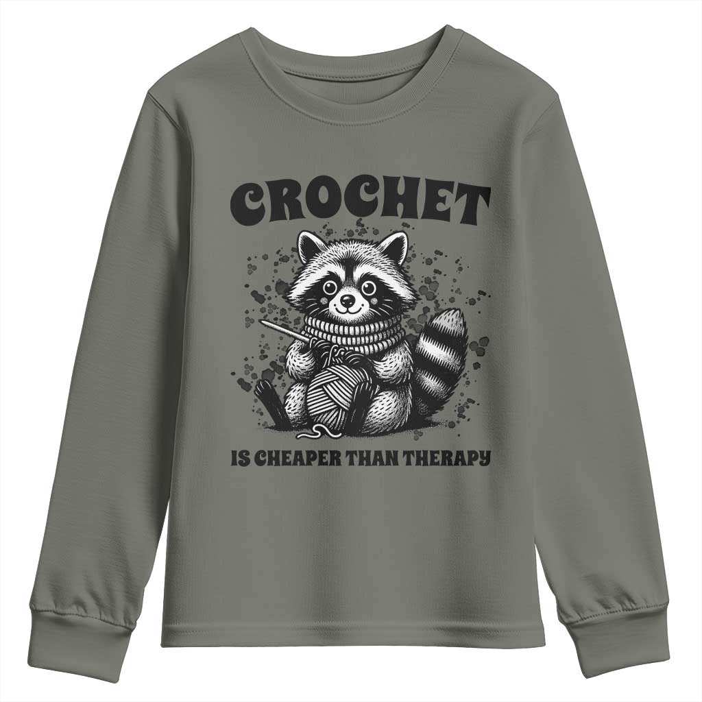 Crocheting Is Cheaper Than Therapy Youth Sweatshirt Raccoon Yarn Lover - Wonder Print Shop