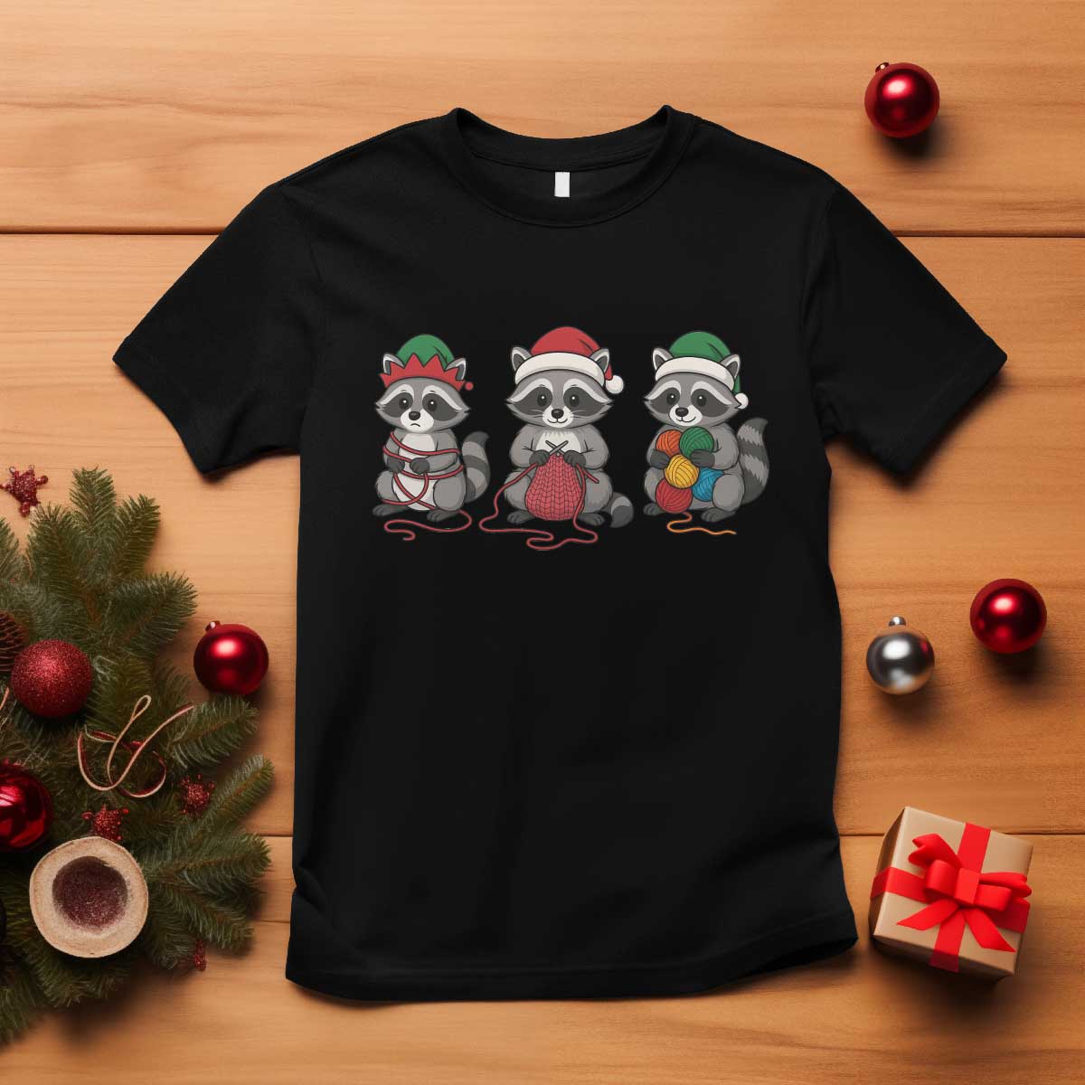 Christmas Raccoon Knitting T Shirt Funny Holiday Yarn Gift - Wonder Print Shop