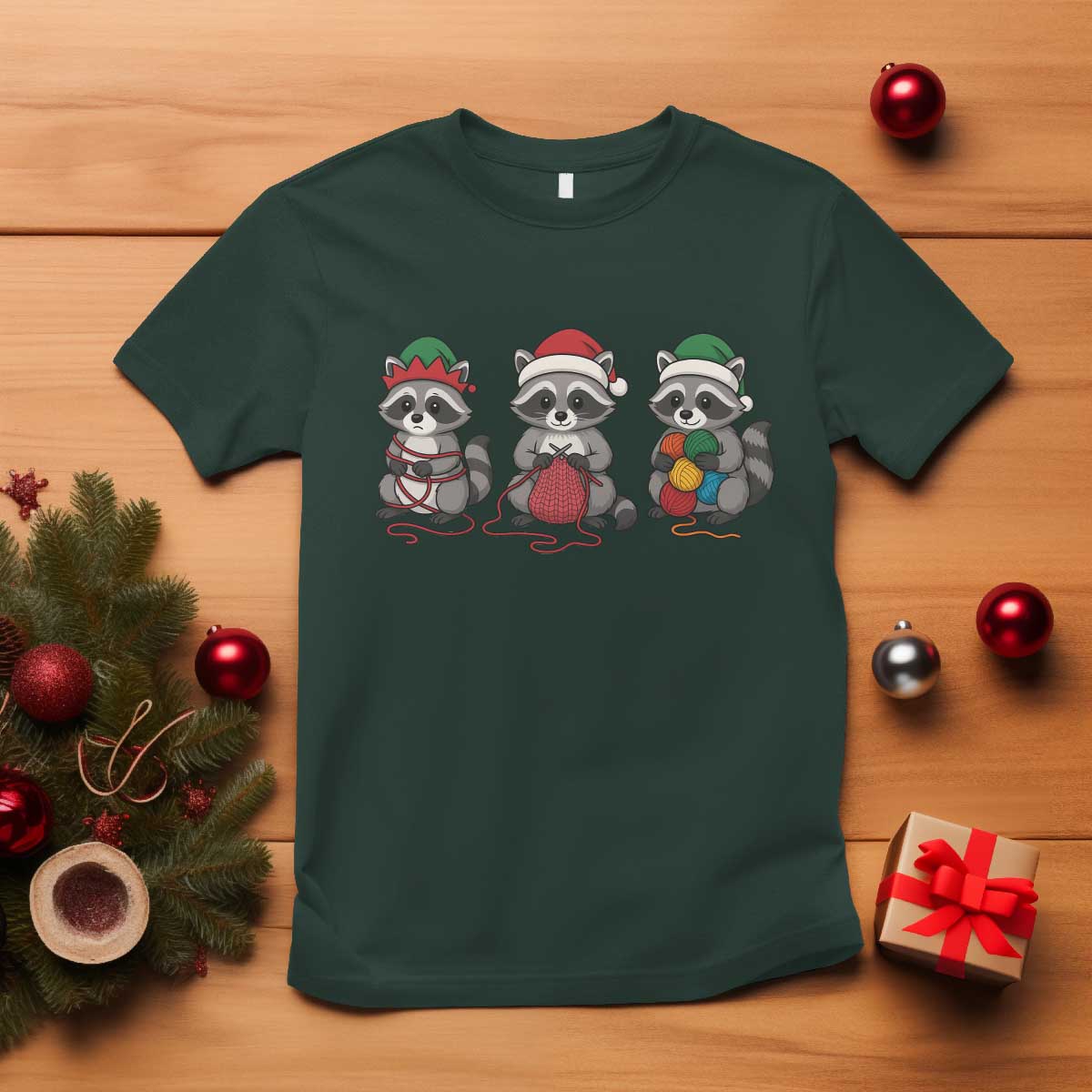 Christmas Raccoon Knitting T Shirt Funny Holiday Yarn Gift - Wonder Print Shop