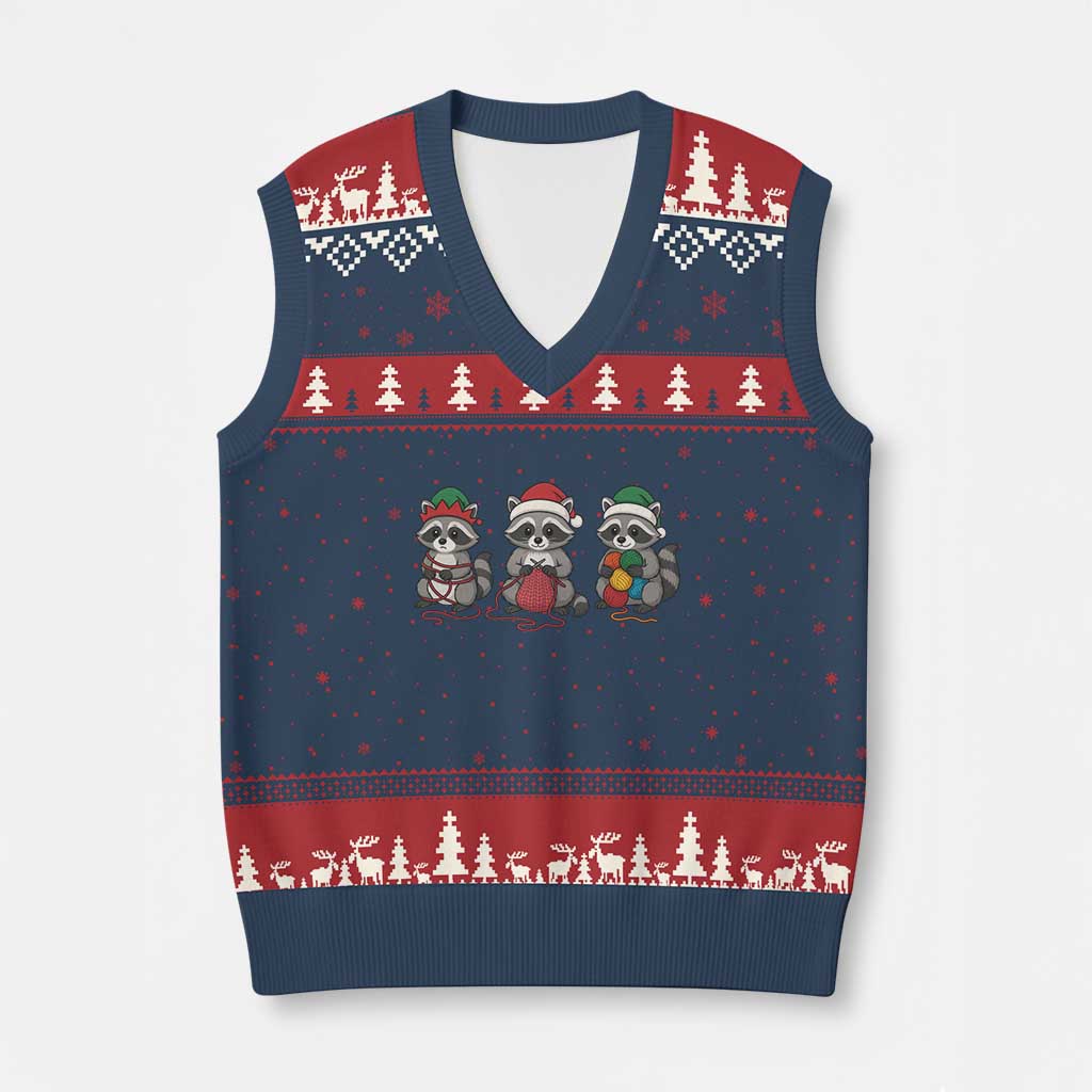 Xmas Raccoon Knitting V-Neck Knit Sweater Vest Funny Holiday Yarn Gift - Wonder Print Shop