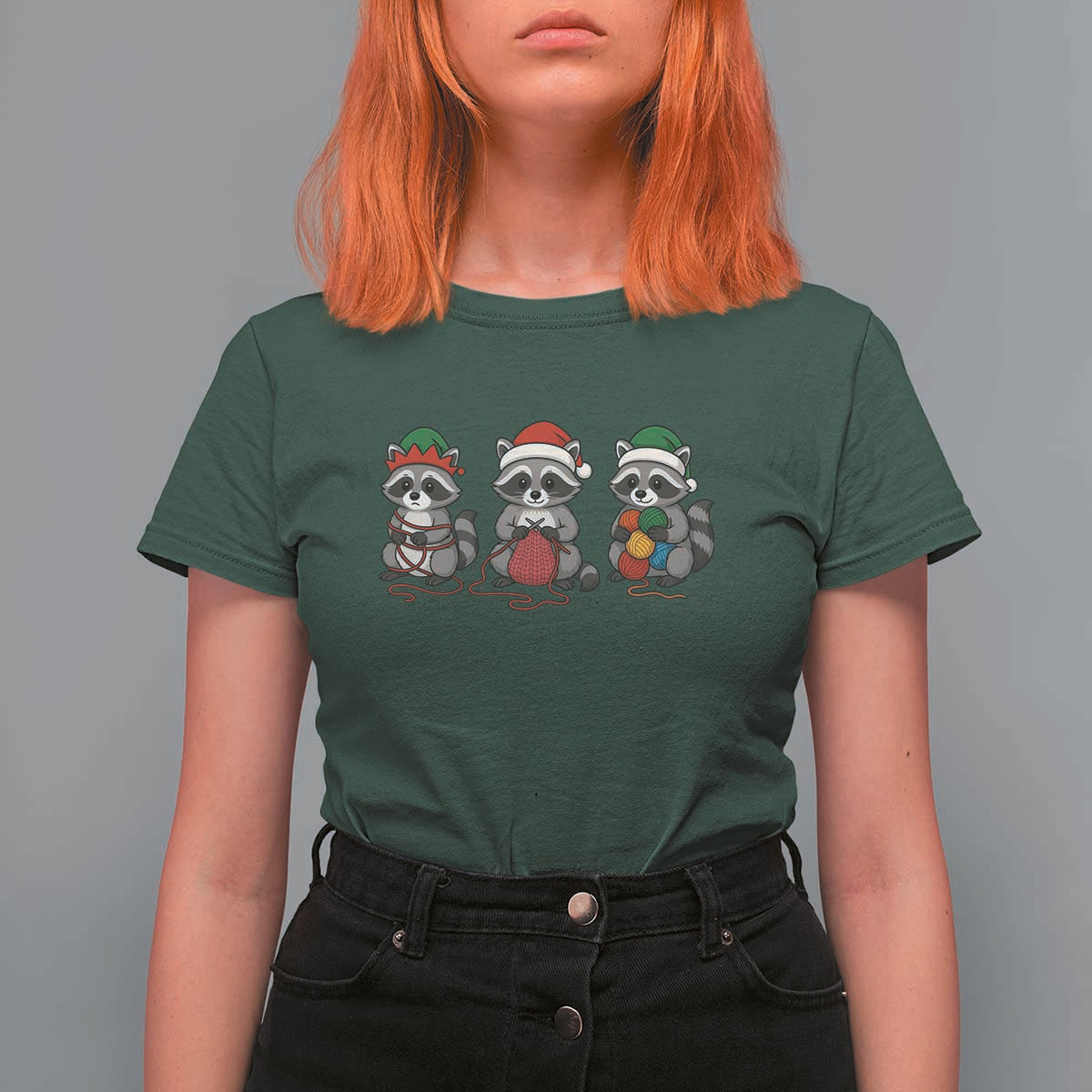 Christmas Raccoon Knitting T Shirt For Women Funny Holiday Yarn Gift - Wonder Print Shop