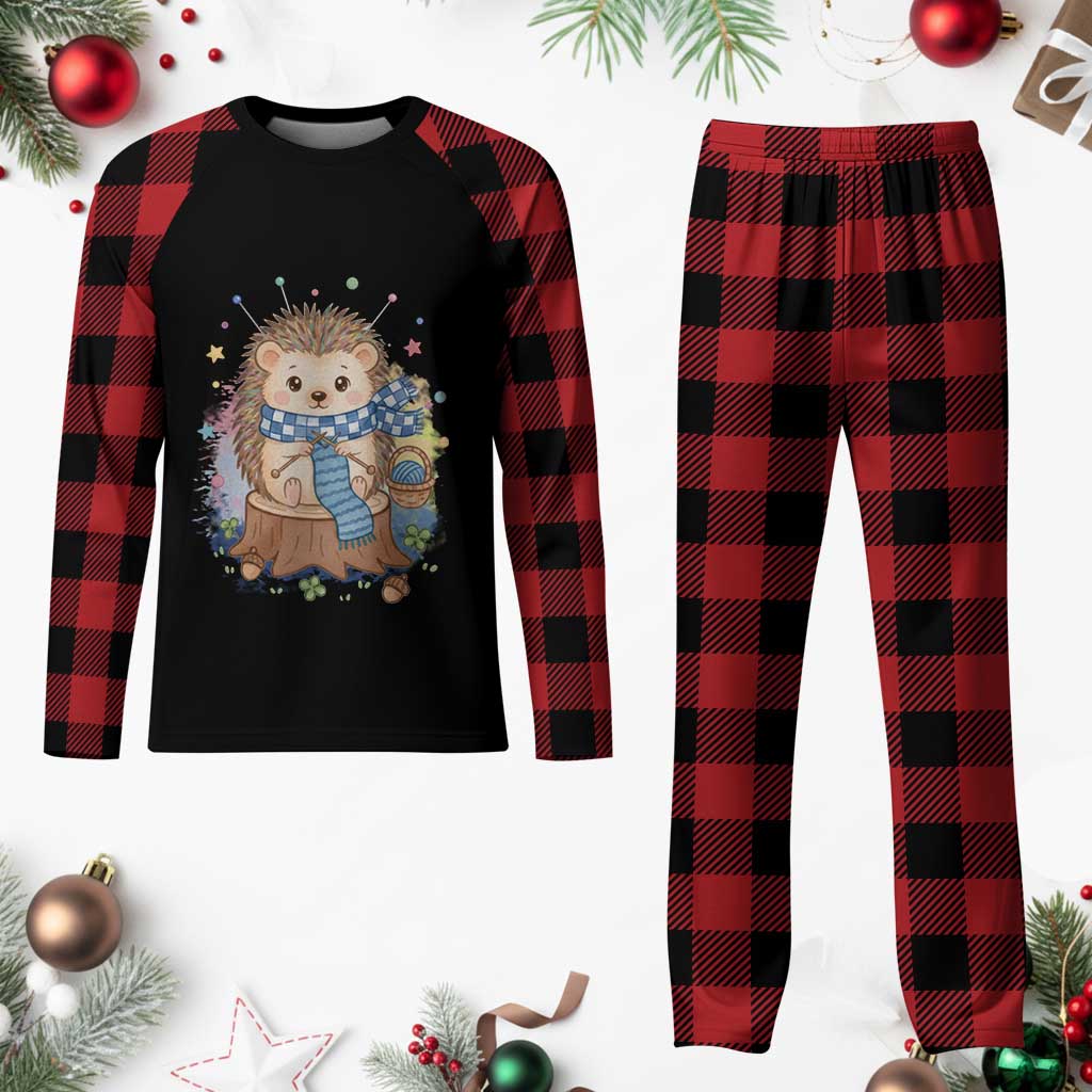 Cute Hedgehog Knitting Plaid Pajama Set Gift For Crocheter - Wonder Print Shop