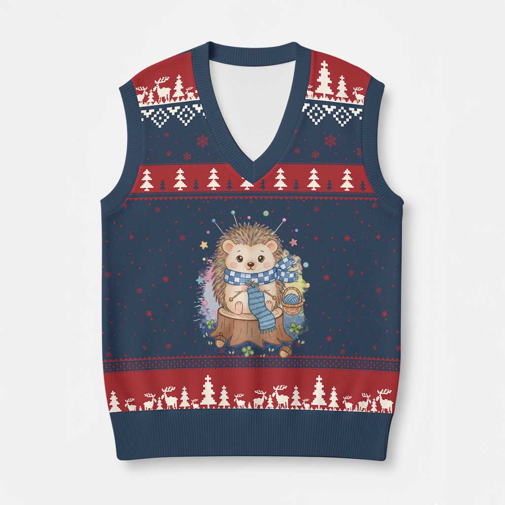 Cute Hedgehog Knitting V-Neck Knit Sweater Vest Gift For Crocheter - Wonder Print Shop