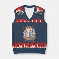 Cute Hedgehog Knitting V-Neck Knit Sweater Vest Gift For Crocheter - Wonder Print Shop