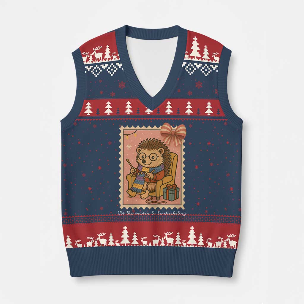 Cute Hedgehog Knitting V-Neck Knit Sweater Vest Xmas Holiday Gift - Wonder Print Shop
