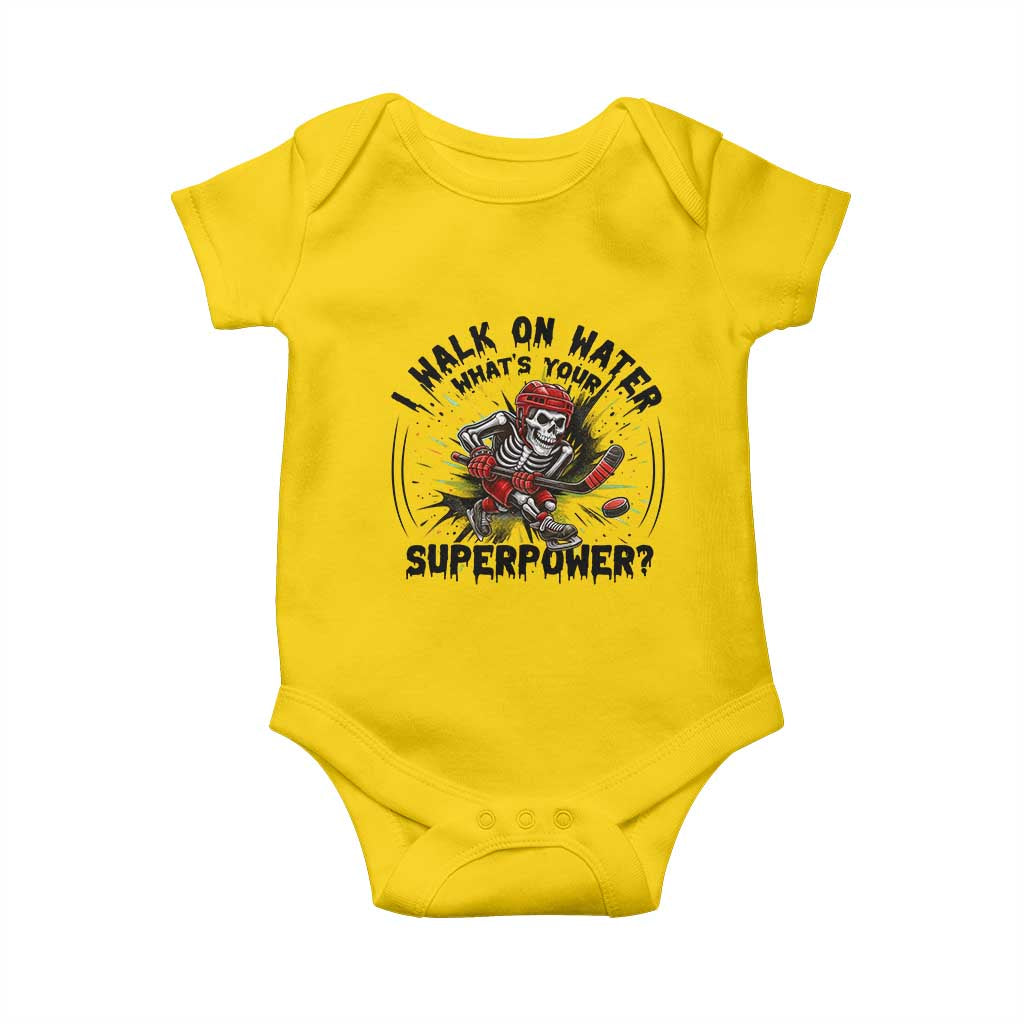 I Walk On Water Whats Your Superpower Baby Onesie Skeleton Hockey Dark Humor Gift - Wonder Print Shop