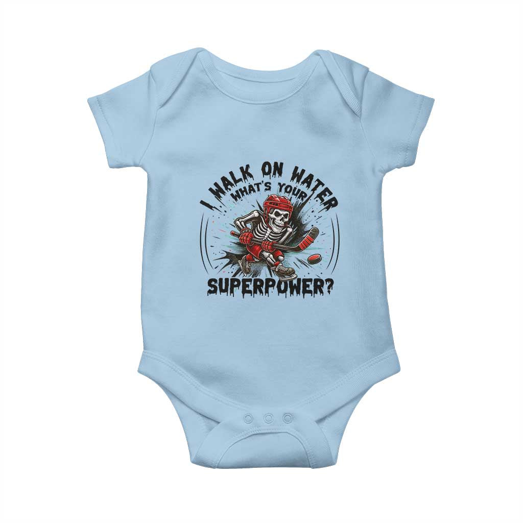 I Walk On Water Whats Your Superpower Baby Onesie Skeleton Hockey Dark Humor Gift - Wonder Print Shop