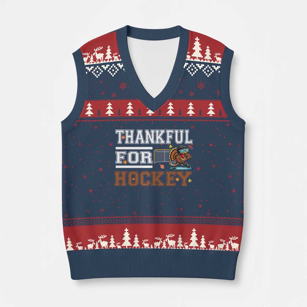 Thankful For Hockey V-Neck Knit Sweater Vest Funny Thanksgiving Ice Hockey Gift - Wonder Print Shop
