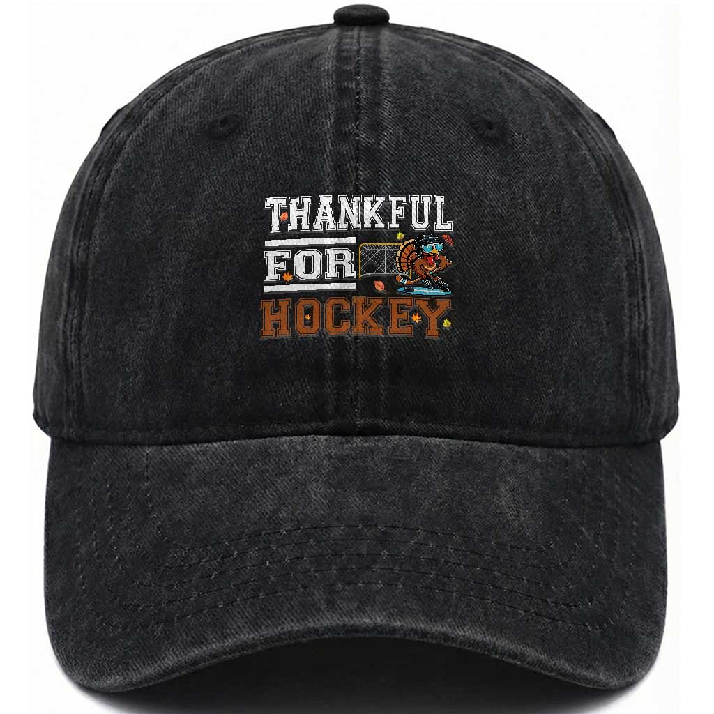 Thankful For Hockey Washed Cotton Baseball Cap Funny Thanksgiving Ice Hockey Gift