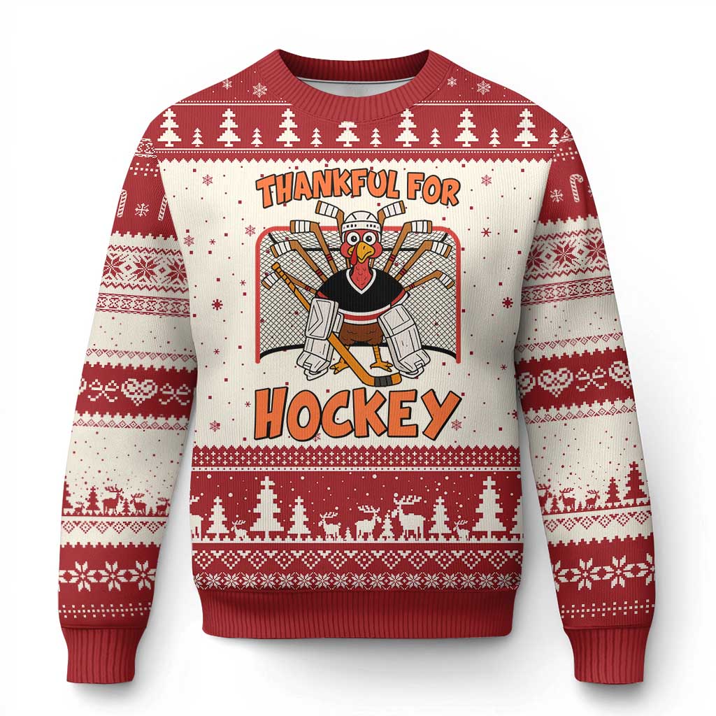 Thankful For Hockey Ugly Christmas Sweater Funny Turkey Ice Hockey Player Gift - Wonder Print Shop