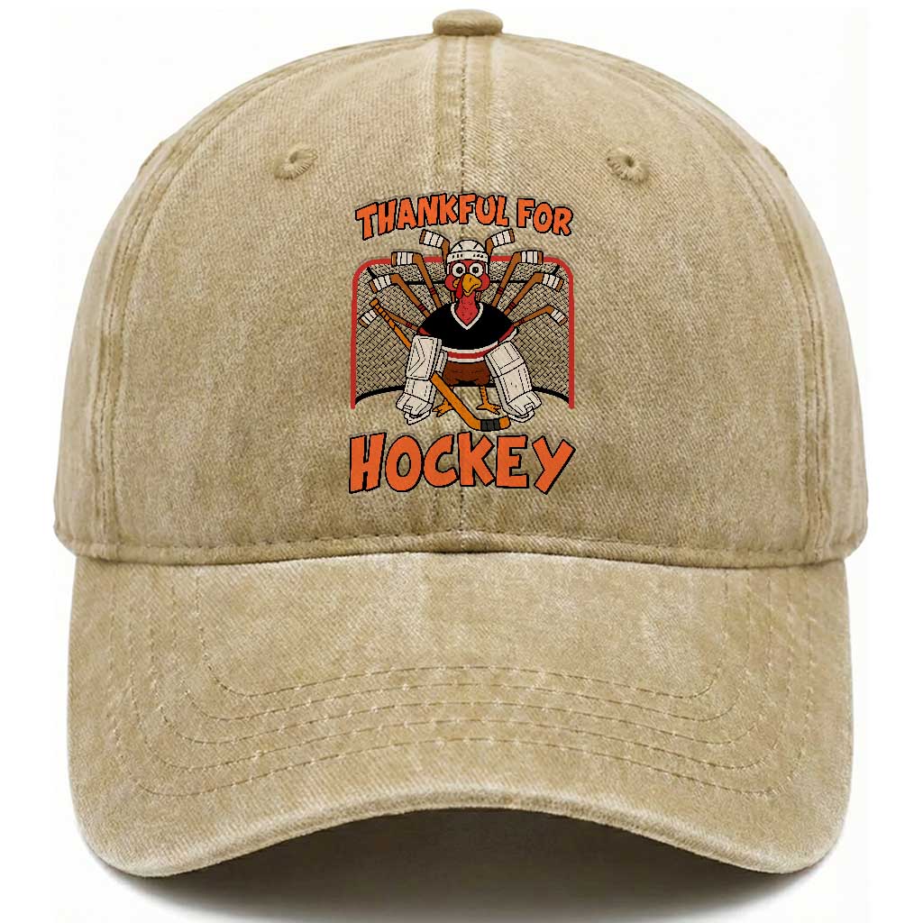 Thankful For Hockey Washed Cotton Baseball Cap Funny Turkey Ice Hockey Player Gift