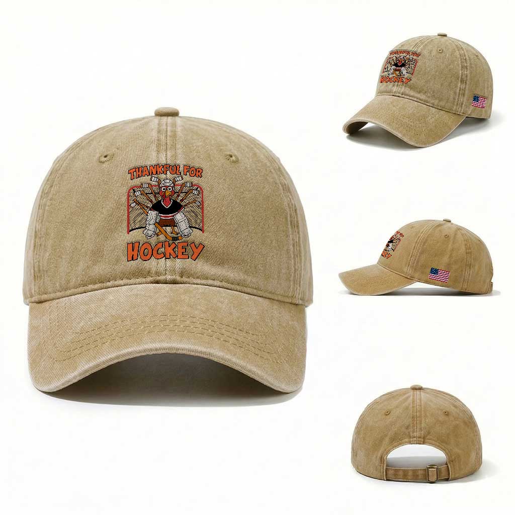 Thankful For Hockey Washed Cotton Baseball Cap Funny Turkey Ice Hockey Player Gift