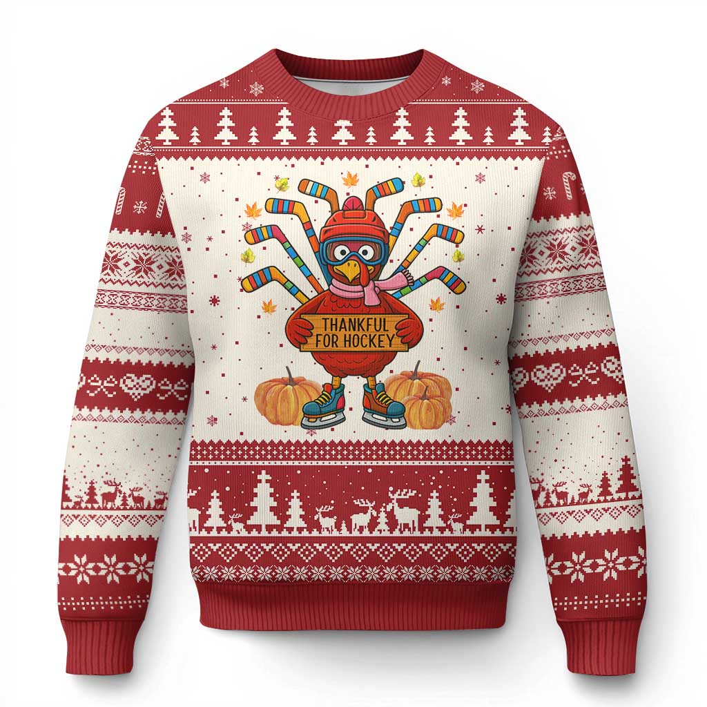 Funny Turkey Ice Hockey Gift Ugly Christmas Sweater Thankful For Hockey - Wonder Print Shop