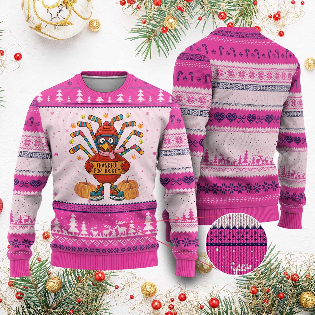 Funny Turkey Ice Hockey Gift Ugly Christmas Sweater Thankful For Hockey - Wonder Print Shop