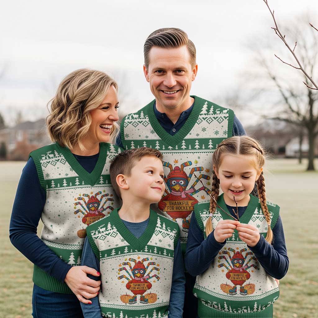 Funny Turkey Ice Hockey Gift V-Neck Knit Sweater Vest Thankful For Hockey - Wonder Print Shop