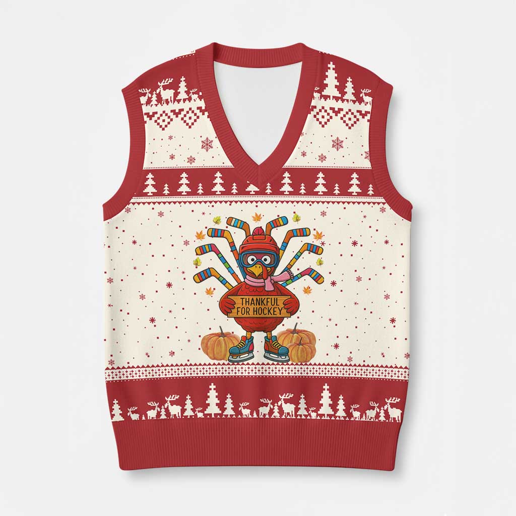 Funny Turkey Ice Hockey Gift V-Neck Knit Sweater Vest Thankful For Hockey - Wonder Print Shop