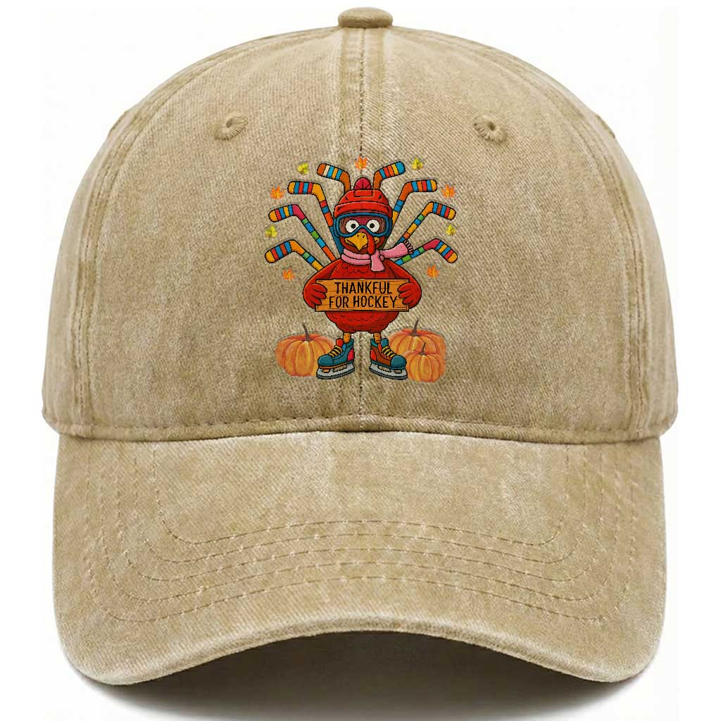 Funny Turkey Ice Hockey Gift Washed Cotton Baseball Cap Thankful For Hockey