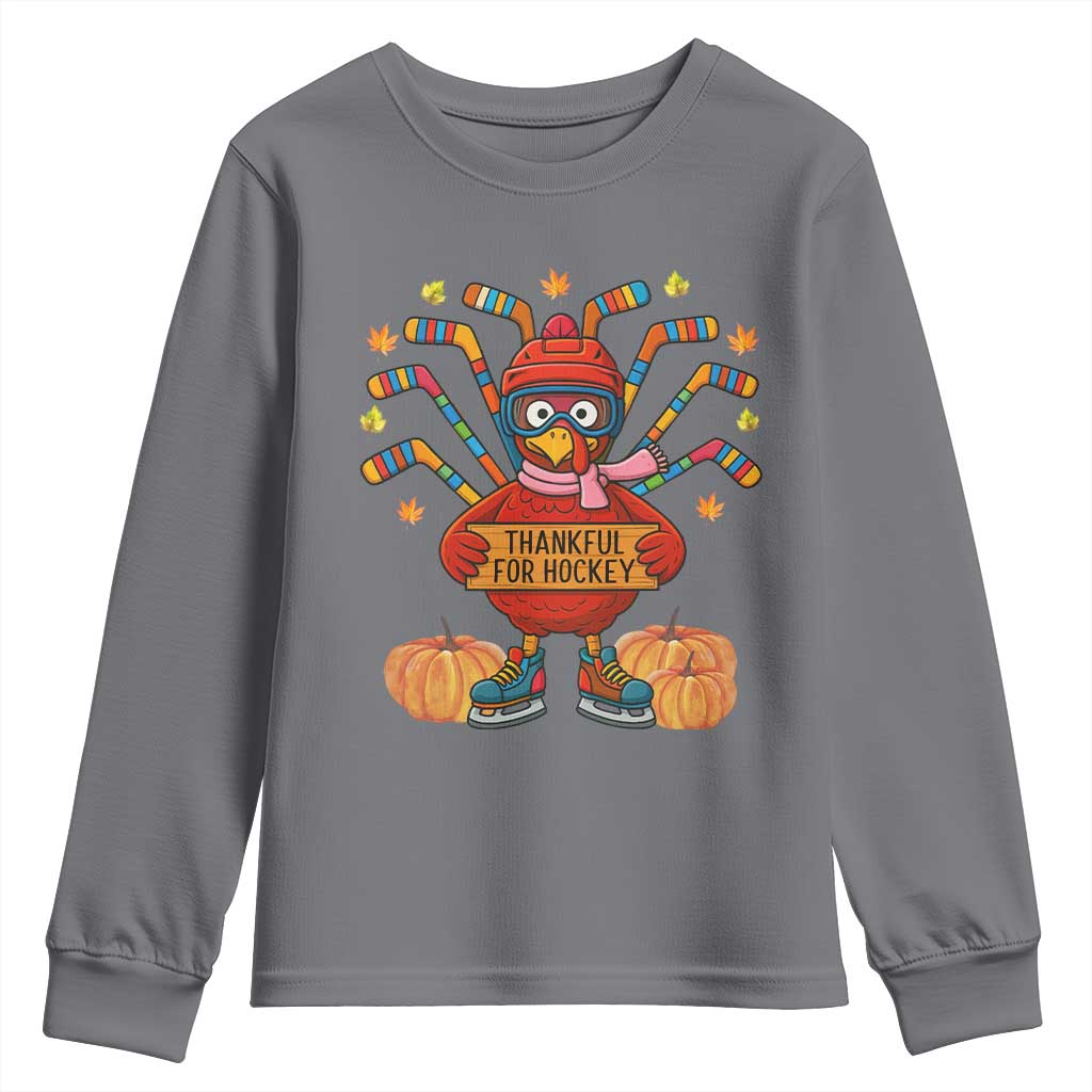 Funny Turkey Ice Hockey Gift Youth Sweatshirt Thankful For Hockey - Wonder Print Shop