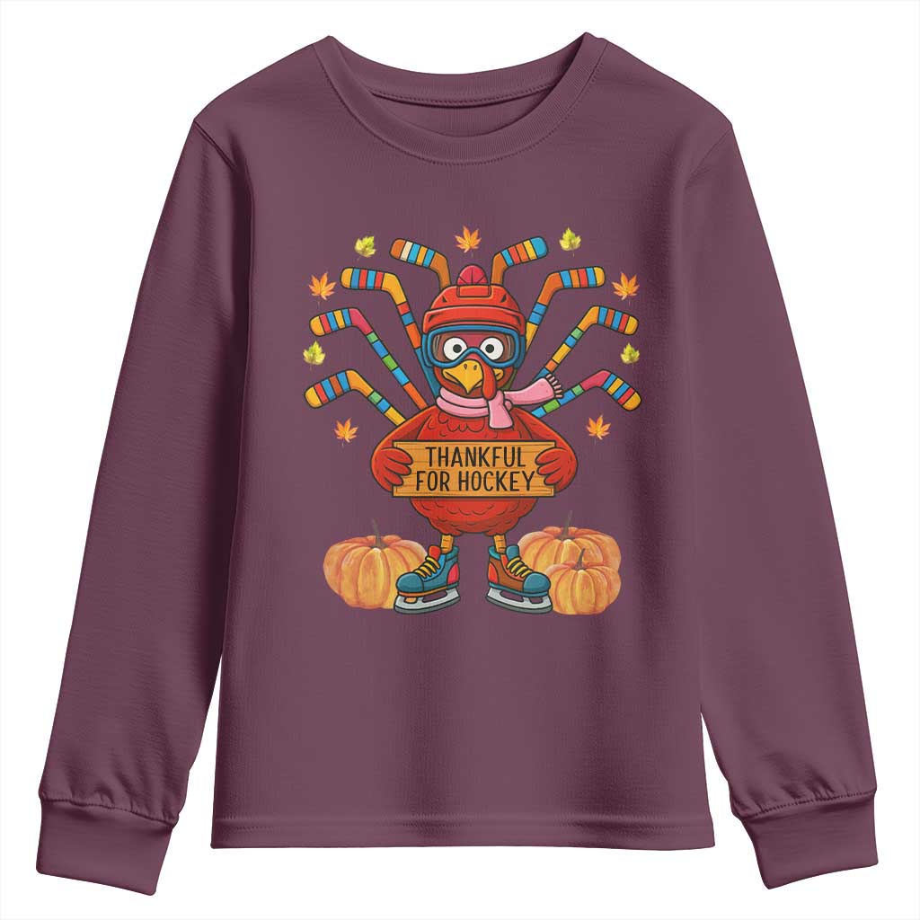 Funny Turkey Ice Hockey Gift Youth Sweatshirt Thankful For Hockey - Wonder Print Shop