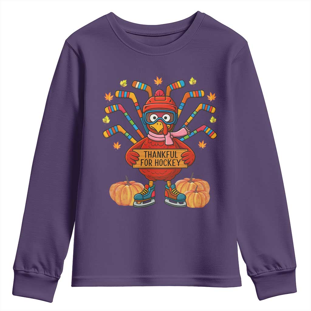 Funny Turkey Ice Hockey Gift Youth Sweatshirt Thankful For Hockey - Wonder Print Shop