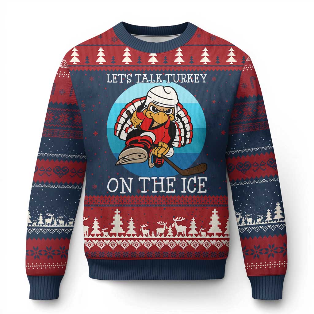 Lets Talk Turkey On The Ice Ugly Christmas Sweater Retro Ocean Blue Ice Hockey Gift - Wonder Print Shop