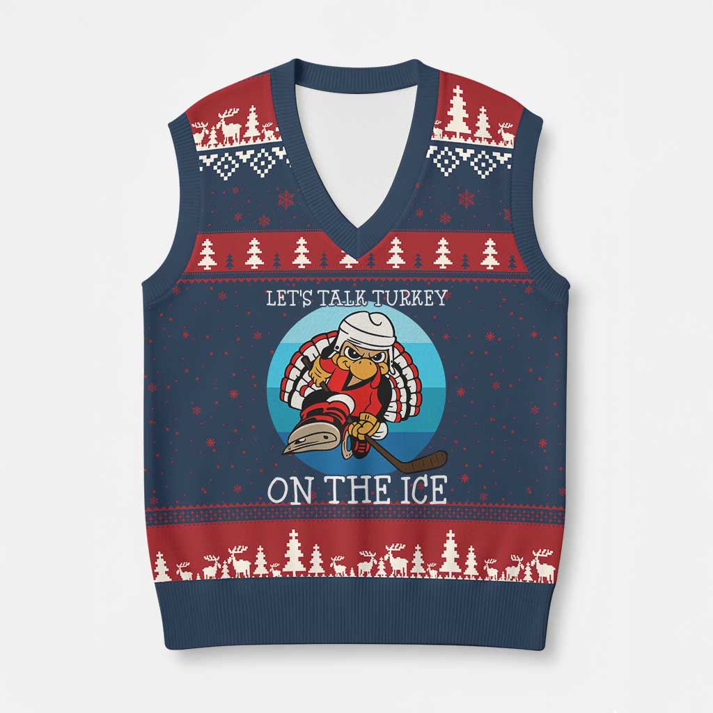 Lets Talk Turkey On The Ice V-Neck Knit Sweater Vest Retro Ocean Blue Ice Hockey Gift - Wonder Print Shop