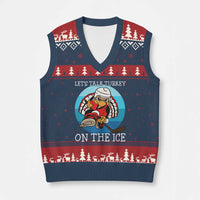 Lets Talk Turkey On The Ice V-Neck Knit Sweater Vest Retro Ocean Blue Ice Hockey Gift - Wonder Print Shop