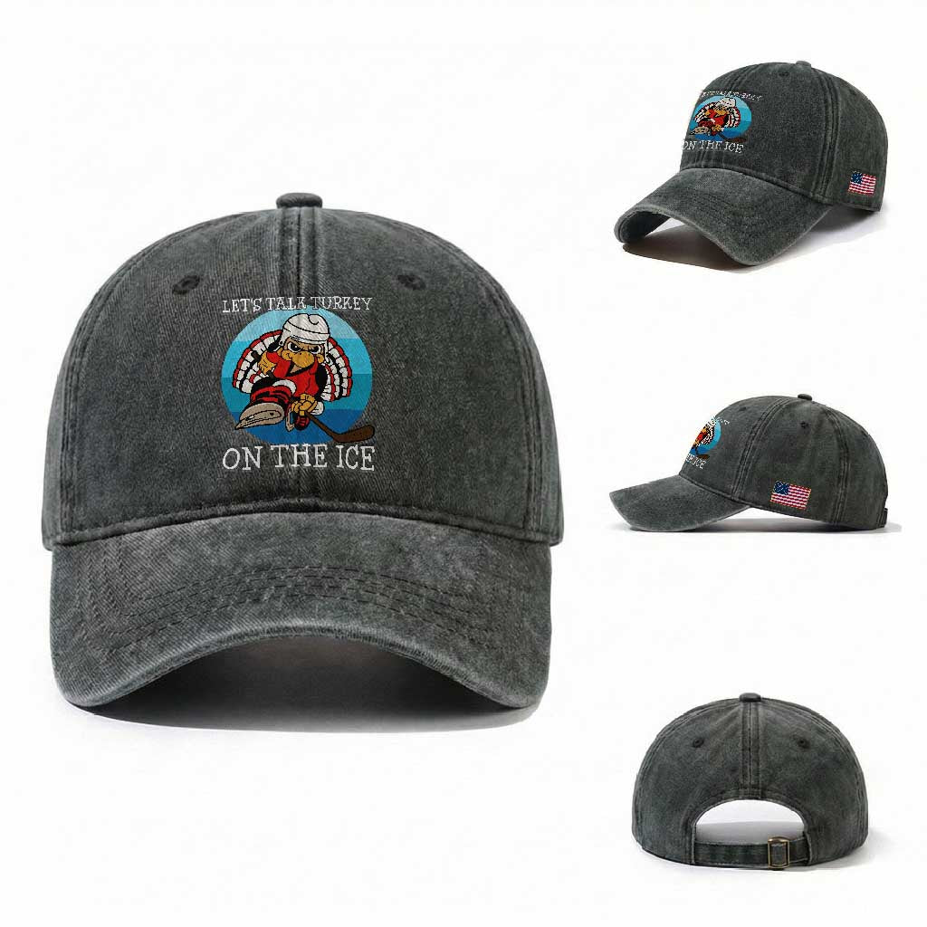 Lets Talk Turkey On The Ice Washed Cotton Baseball Cap Retro Ocean Blue Ice Hockey Gift