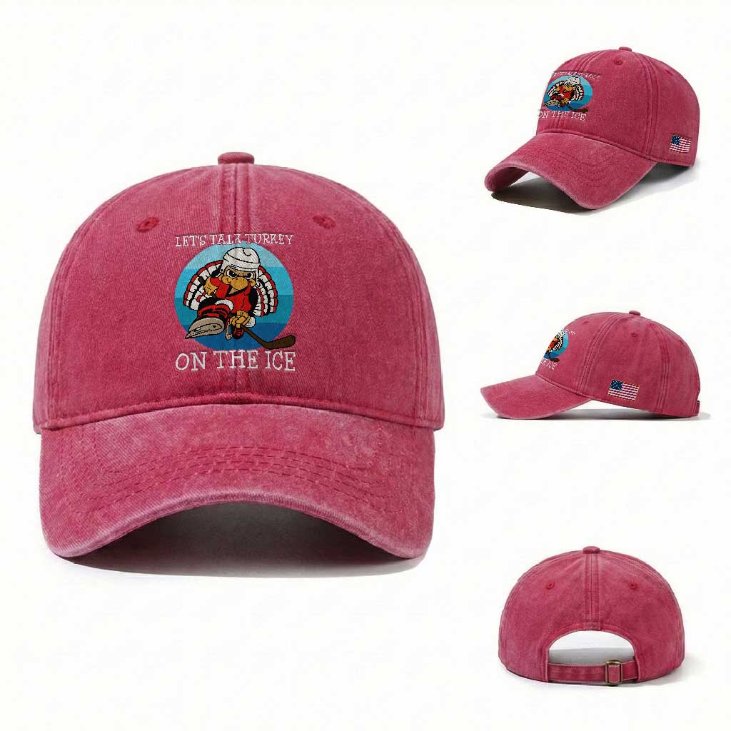 Lets Talk Turkey On The Ice Washed Cotton Baseball Cap Retro Ocean Blue Ice Hockey Gift