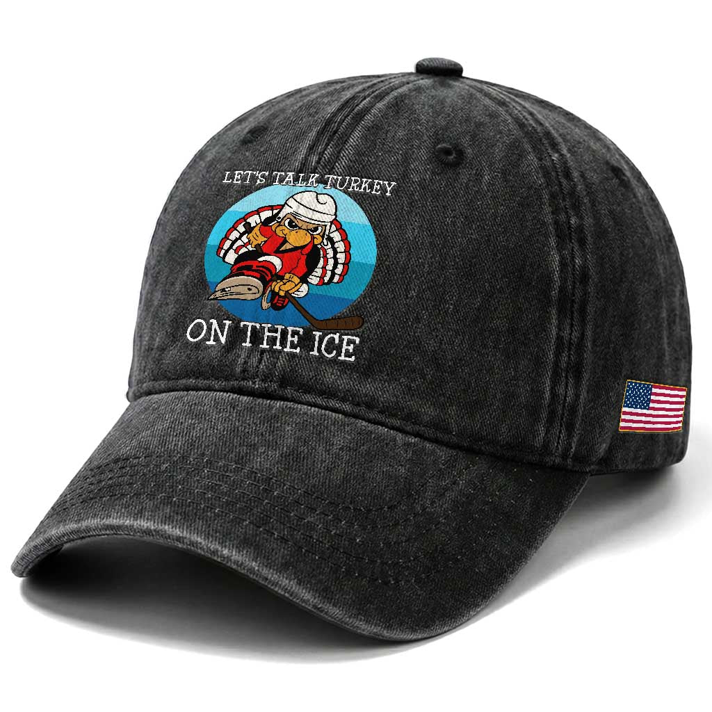 Lets Talk Turkey On The Ice Washed Cotton Baseball Cap Retro Ocean Blue Ice Hockey Gift
