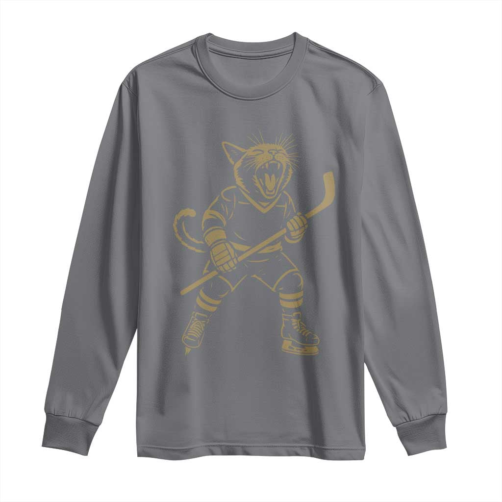 Vintage Cat Playing Hockey Long Sleeve Shirt Kitten Lover Player Gift - Wonder Print Shop